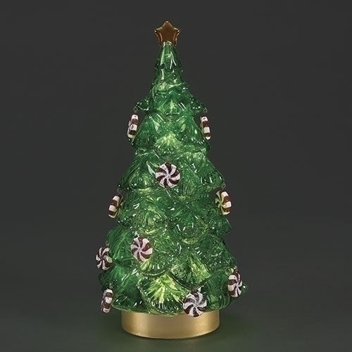 12"H LIGHTED SWIRL GREEN TREE WITH PEPPERMINT ORNAMENTS