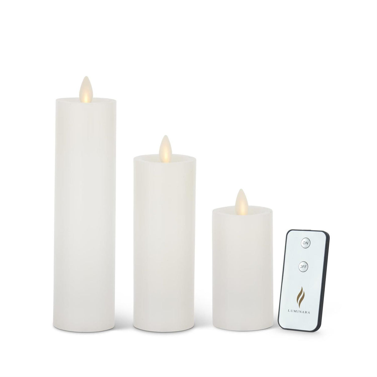 Set of 3 White Wax Luminara Slim Indoor Pillar Candles w/Remote