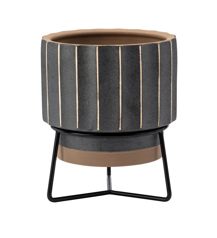 Brown Ribbed Planter in Stand
