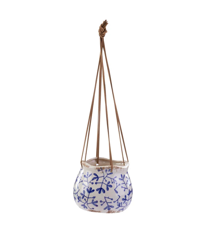 Blue/White Leaf Berry Hanging Planter