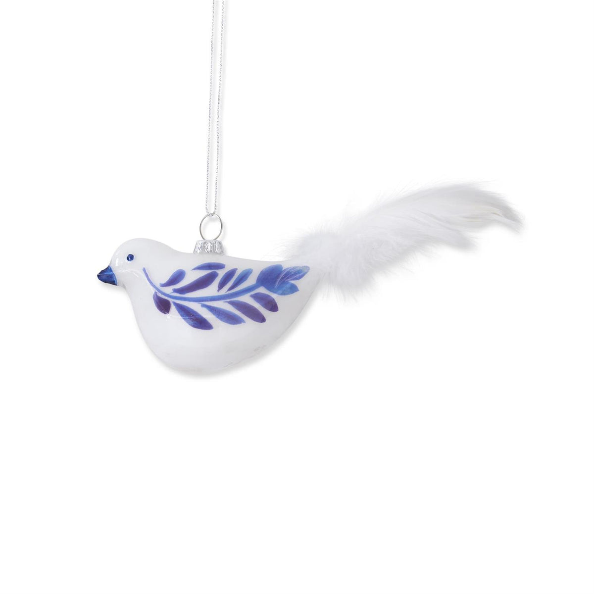Blue & White Glass Bird Ornaments w/Feather Tails