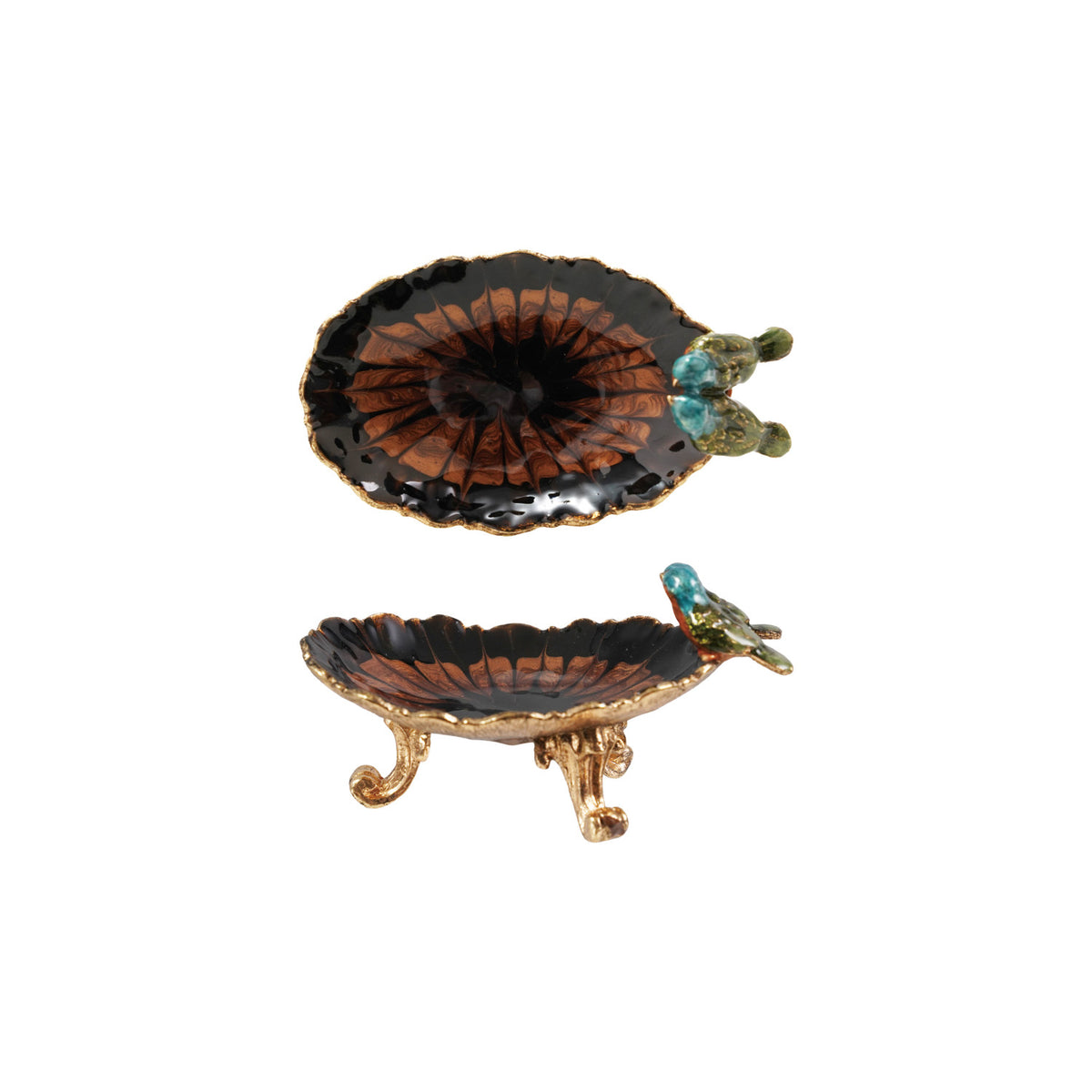 Footed Jewelry Dish w/ 3D Birds, Gold Finish & Multi Color