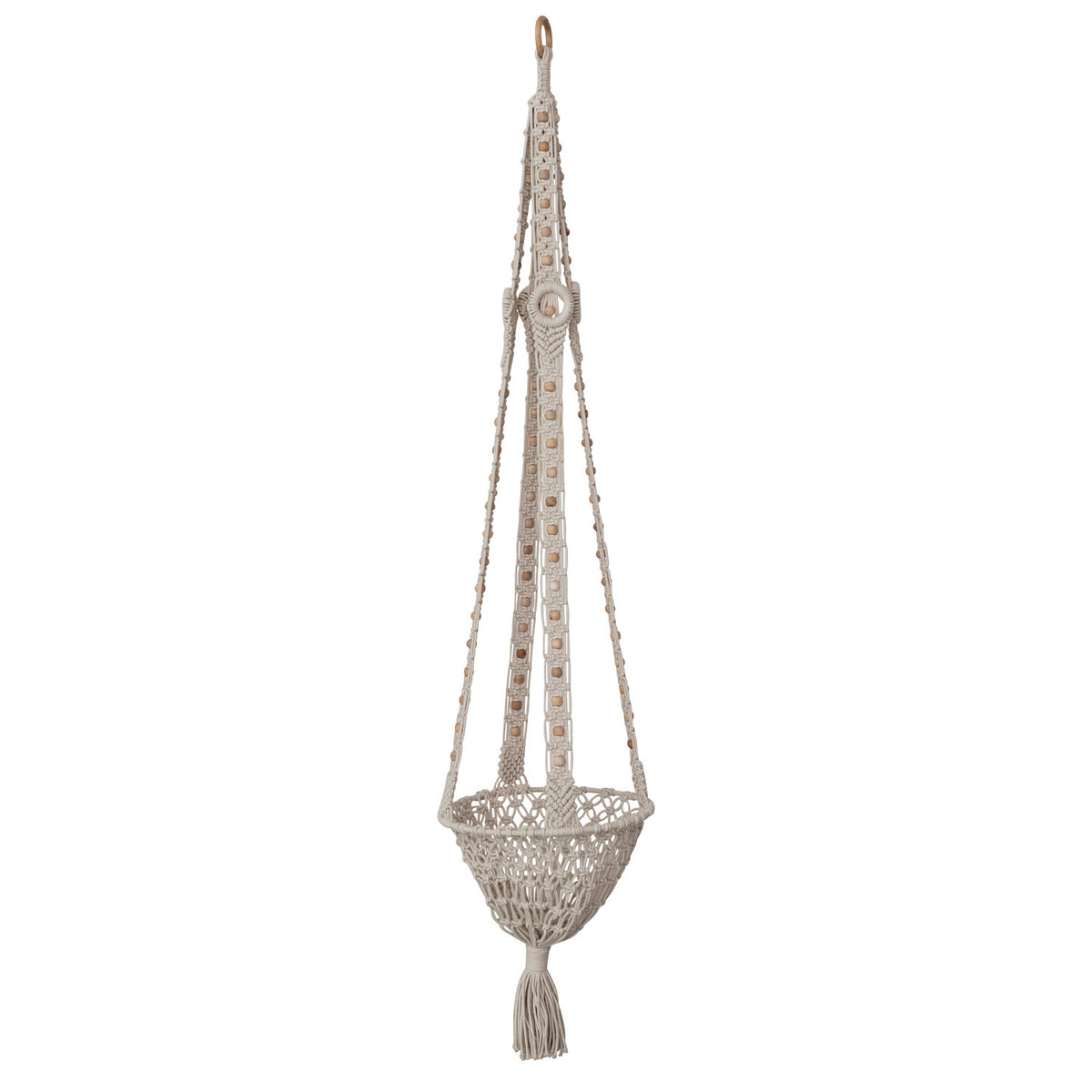 Cotton Macrame Plant Hanger with Wood Beads & Tassel, Natural