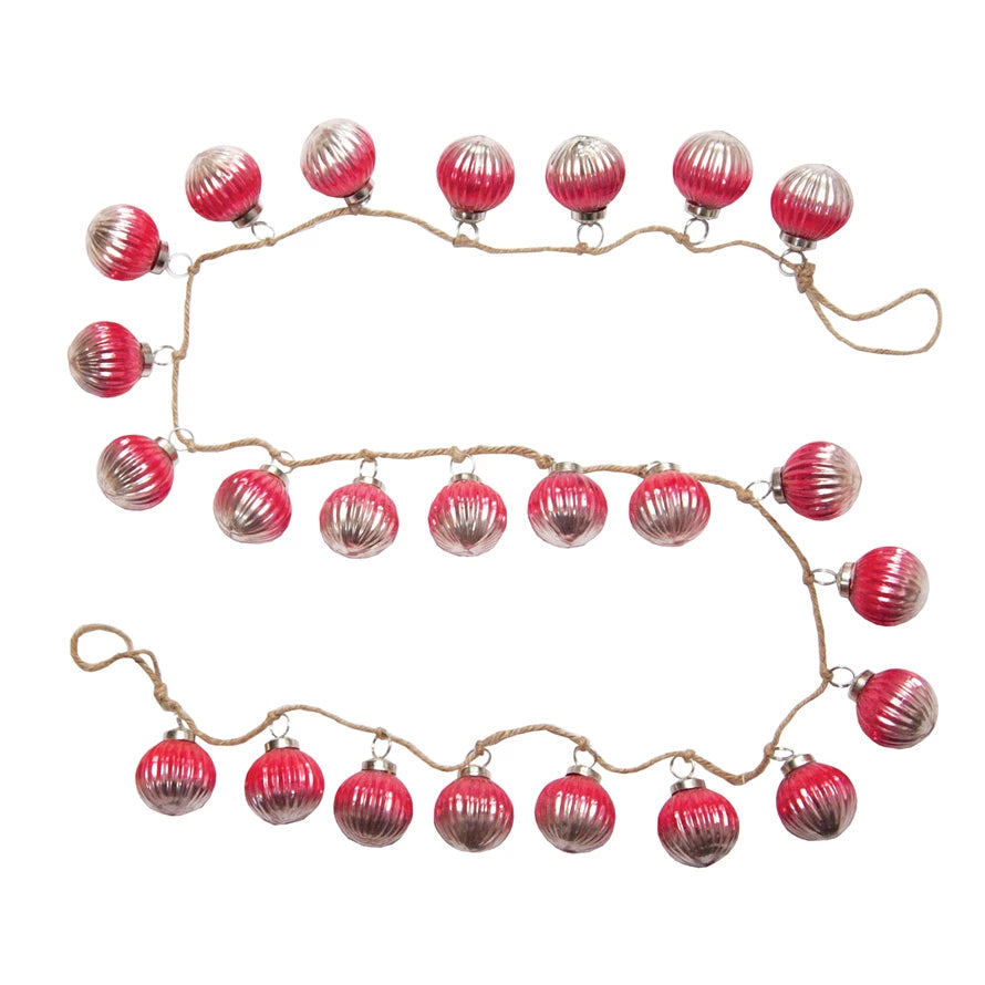 Embossed Recycled Mercury Glass Ball Ornament Garland with Jute Cord