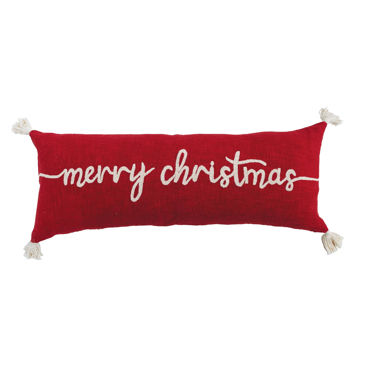 Cotton Lumbar Pillow with Tassels & Embroidered "Merry Christmas"