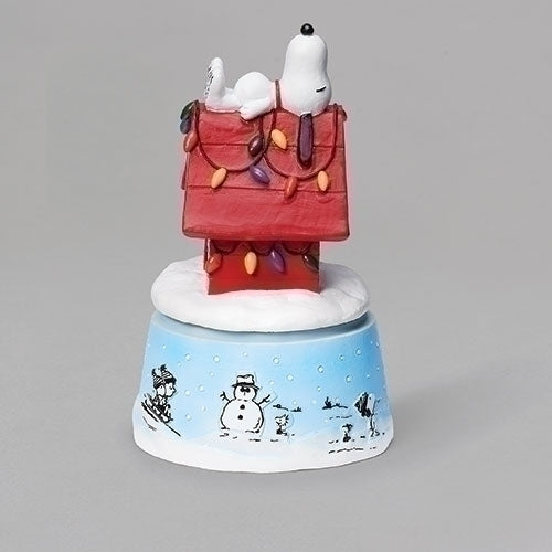 5"H MUSICAL SNOOPY ON HOUSE WINTER BASE; ROTATING WIND UP