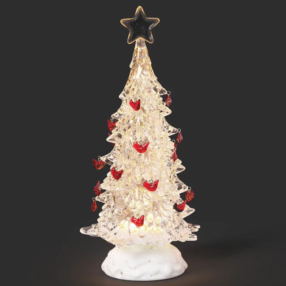 Clear Lighted Tree with Cardinal Ornaments