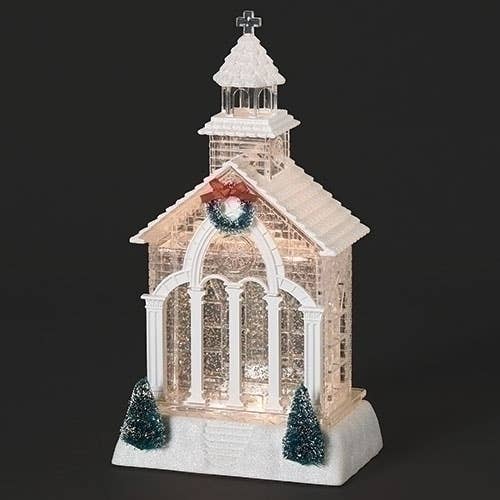 Lighted Swirl Church with Green Tree and Wreath