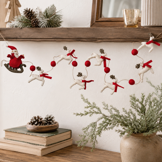 Handmade Wool Felt Santa In Sleigh & Reindeer Garland with Jute Cord