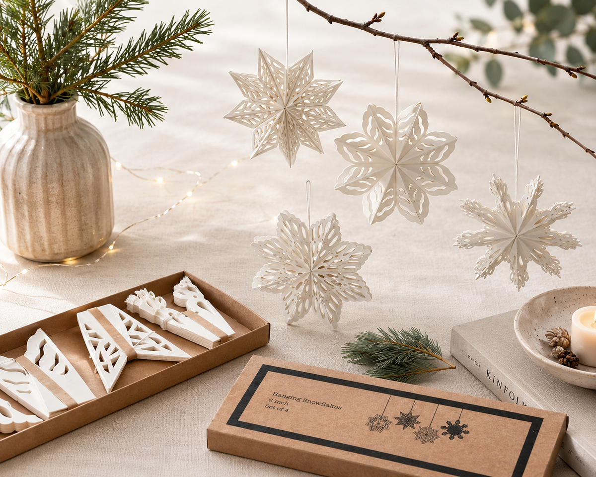 Handmade Recycled Paper Folding Snowflake Ornaments, Boxed Set of 4