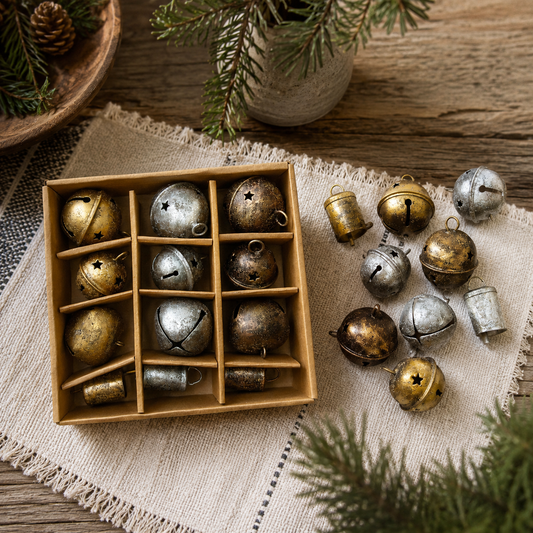 Metal Bell Ornaments, Gold, Silver & Copper Finish, Boxed Set of 12