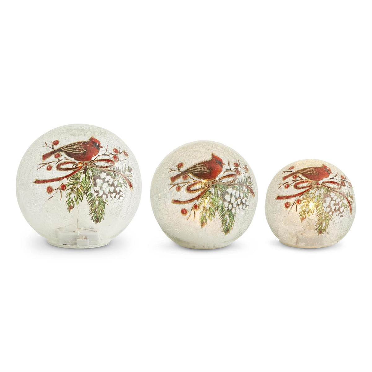 Round Clear Glass LED Cardinal & Pinecone Globe w/Timer