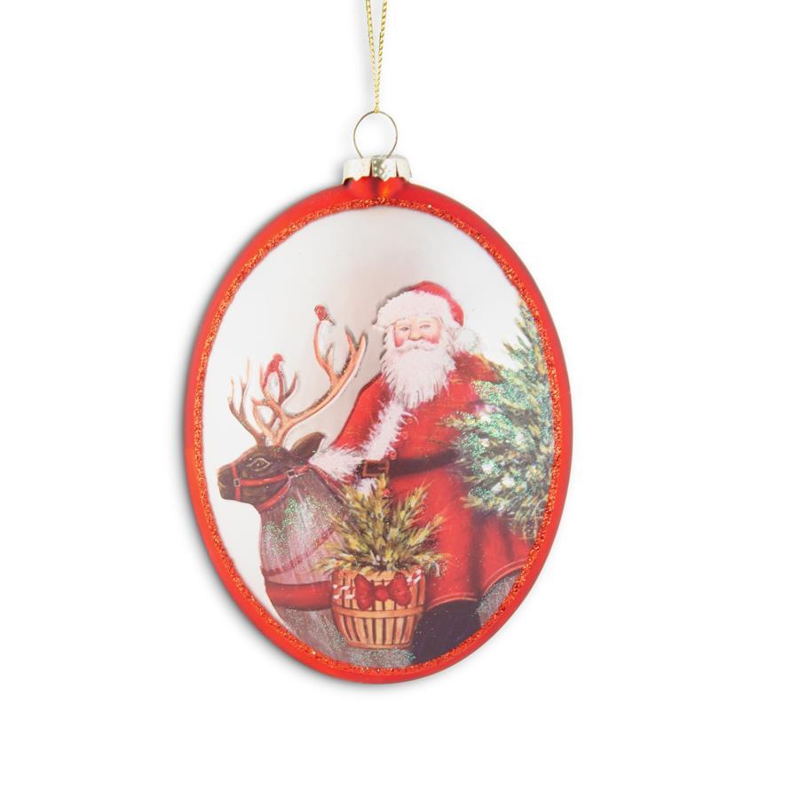 Glass Flat Oval Ornament w/Santa and Reindeer