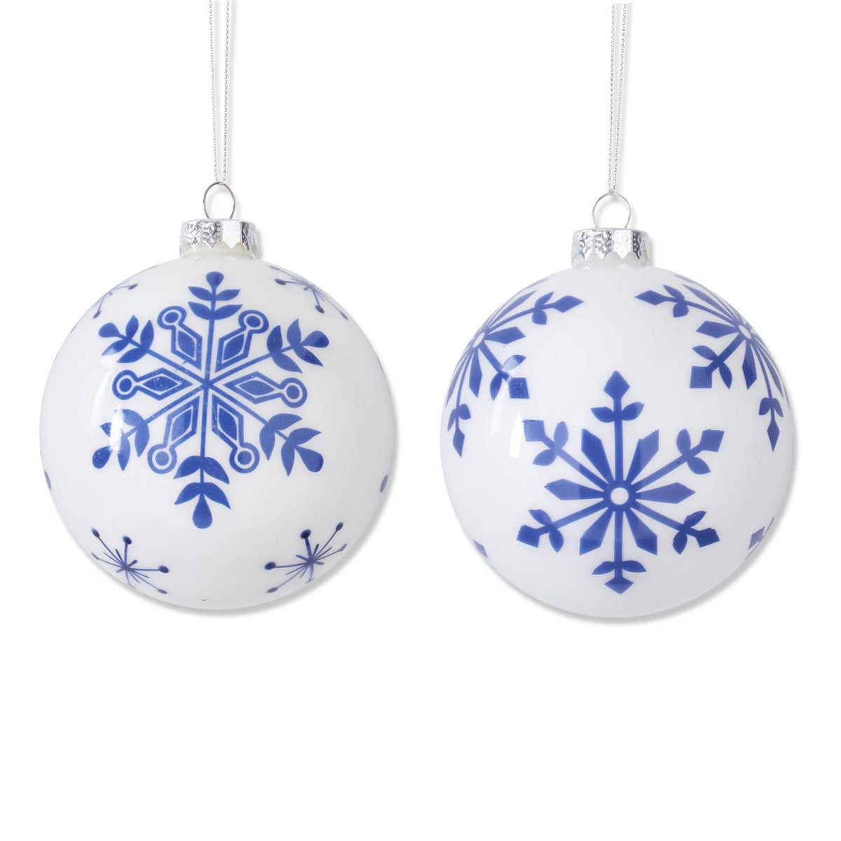 4.25 Inch White w/Blue Snowflakes Glass Round Ornaments