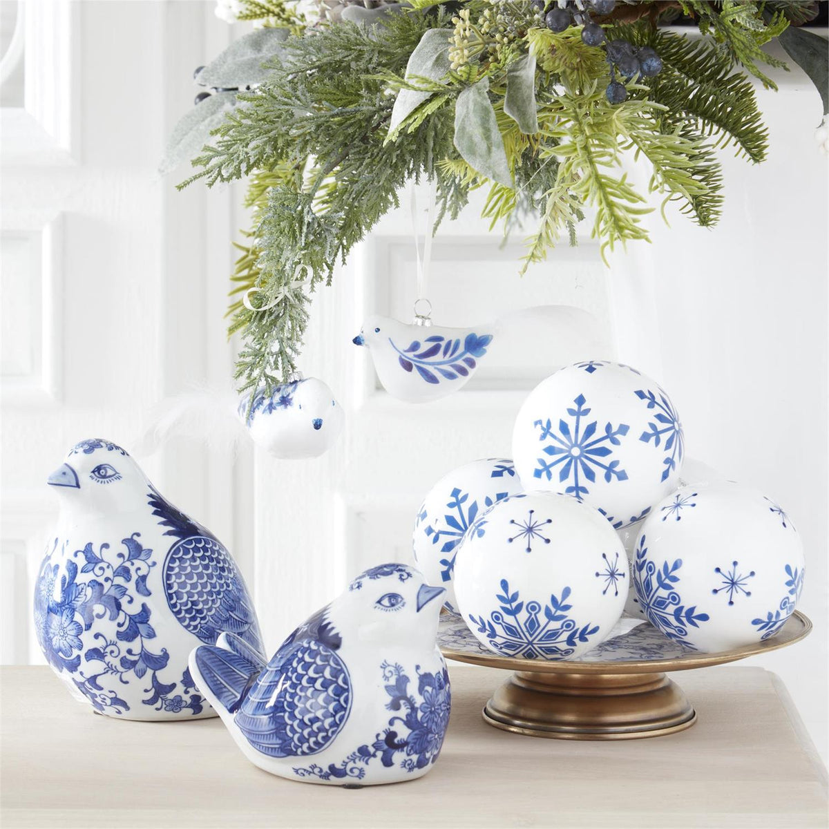 4.25 Inch White w/Blue Snowflakes Glass Round Ornaments