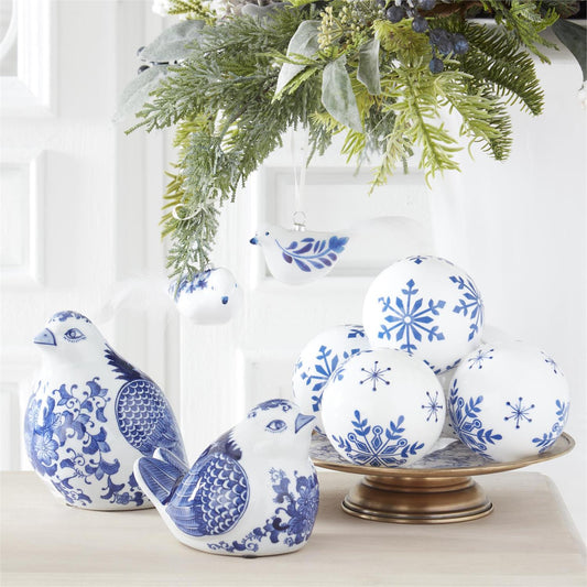 4.25 Inch White w/Blue Snowflakes Glass Round Ornaments