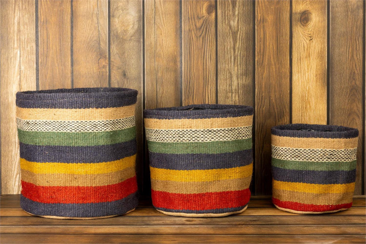 Planter - Multi Colored Striped Jute, Lined