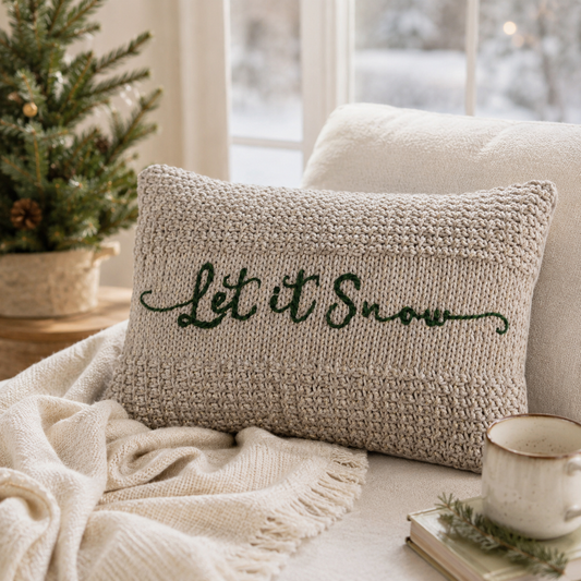Knit Macrame Lumbar Pillow "Let It Snow"