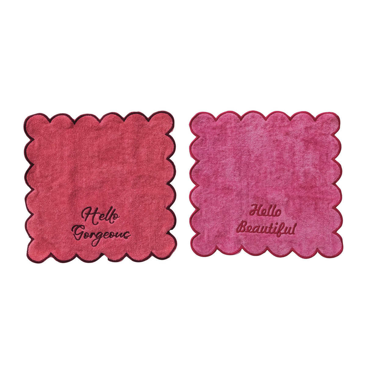 Cotton Terry Wash Cloths w/ Embroidered Saying & Scalloped Edge, Set of 2