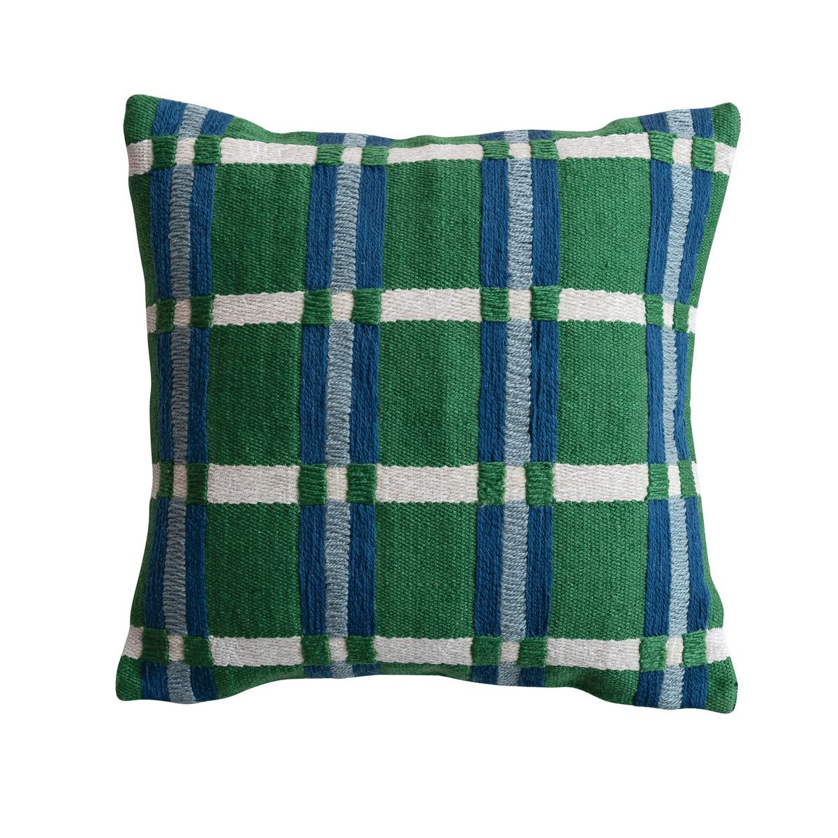 18" Square Woven Fabric Pillow with Embroidery & Plaid Pattern