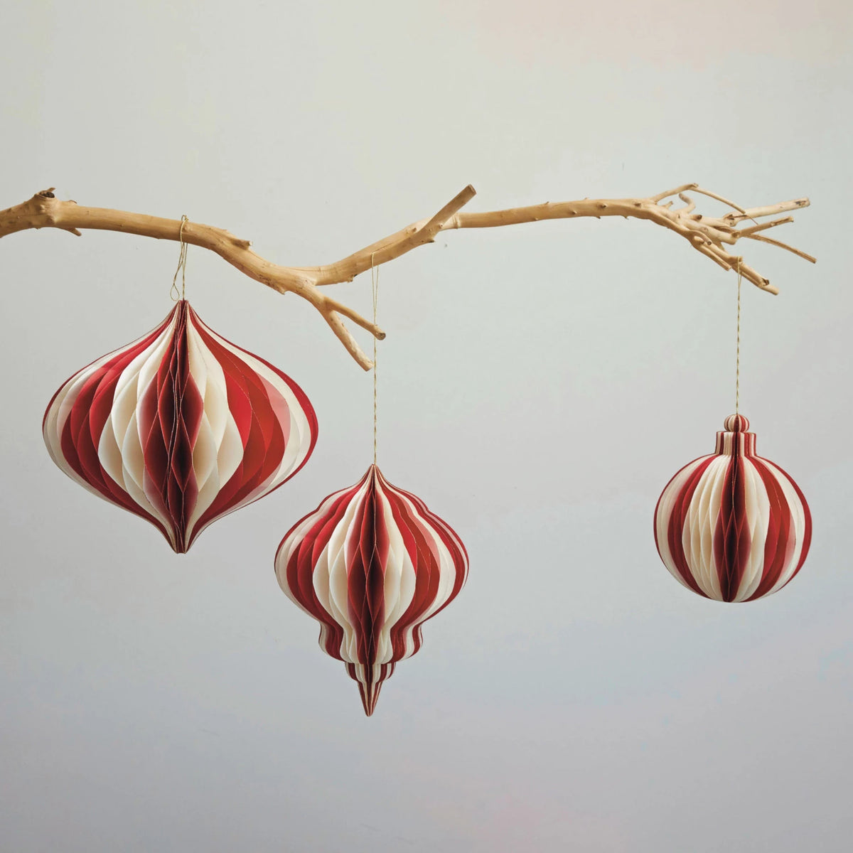 Paper Folding Honeycomb Ornament w/ Gold Glitter Edge, Cream Color & Red