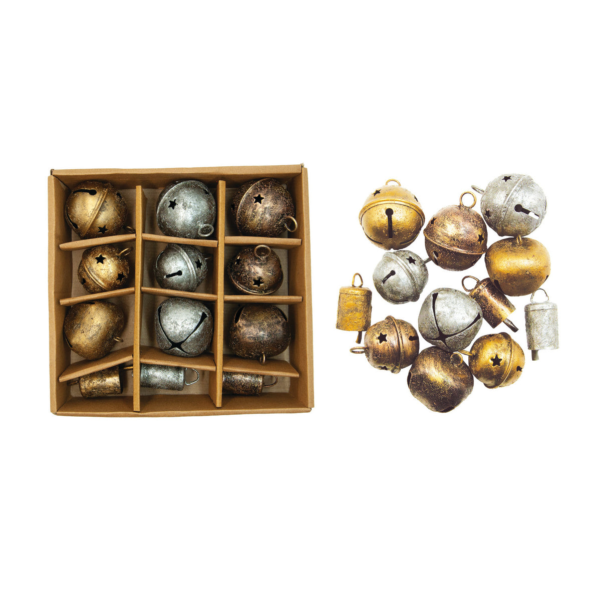 Metal Bell Ornaments, Gold, Silver & Copper Finish, Boxed Set of 12