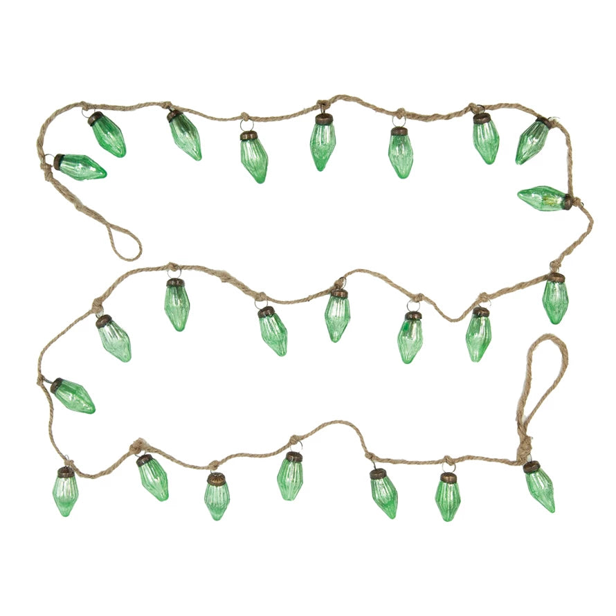 Recycled Mercury Glass Ornament Garland with Jute Cord, Green