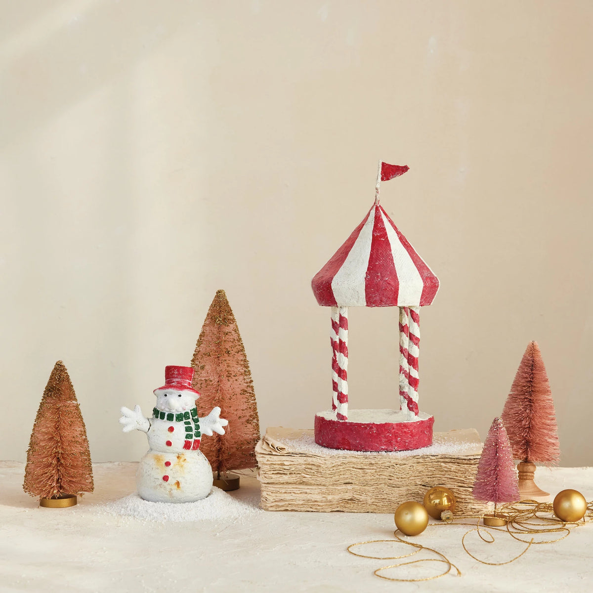 Metal & Paper Mache Pavilion with Stripes & Flag, Red & White