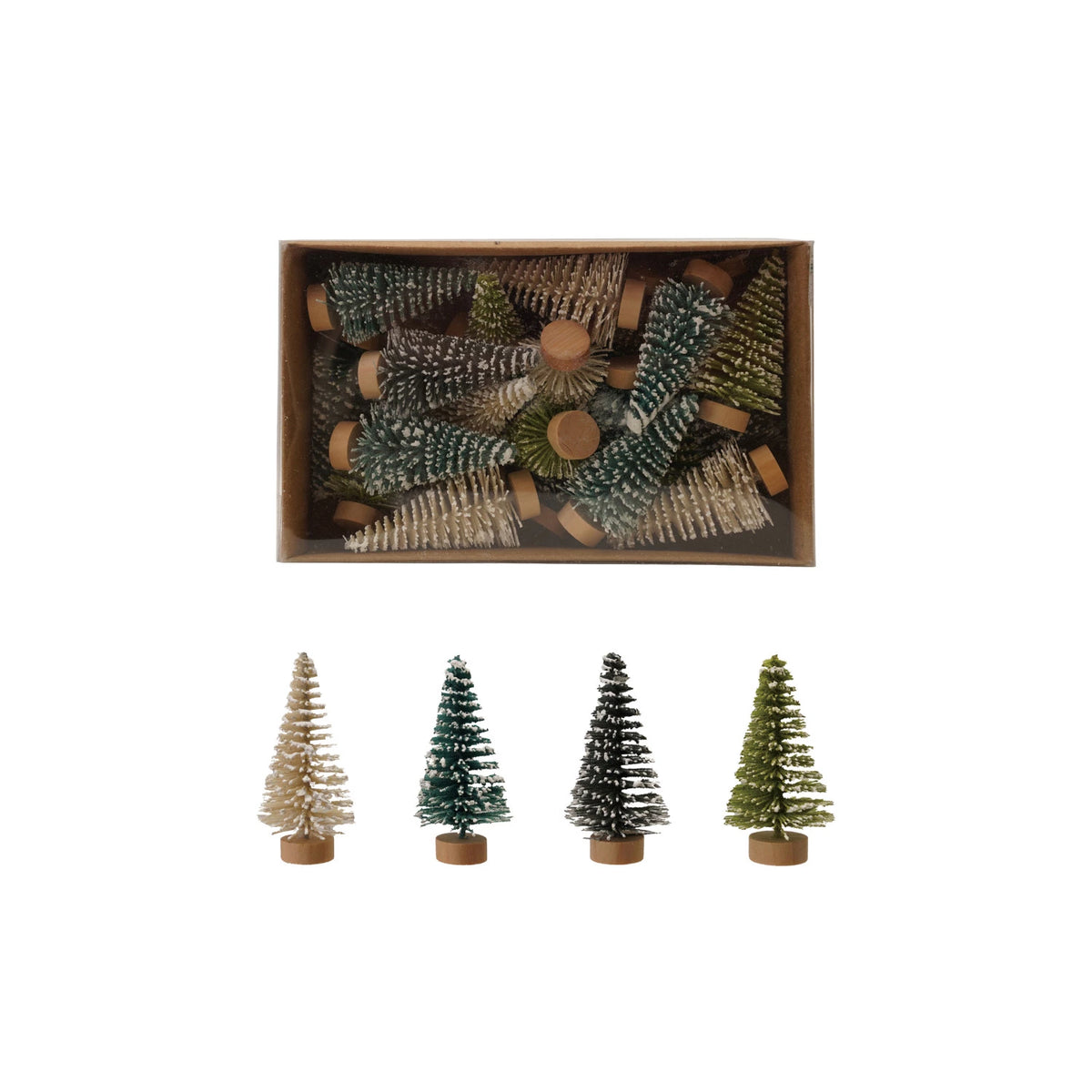 Plastic Bottle Brush Trees with Wood Bases, Snow Finish, Boxed Set of 24