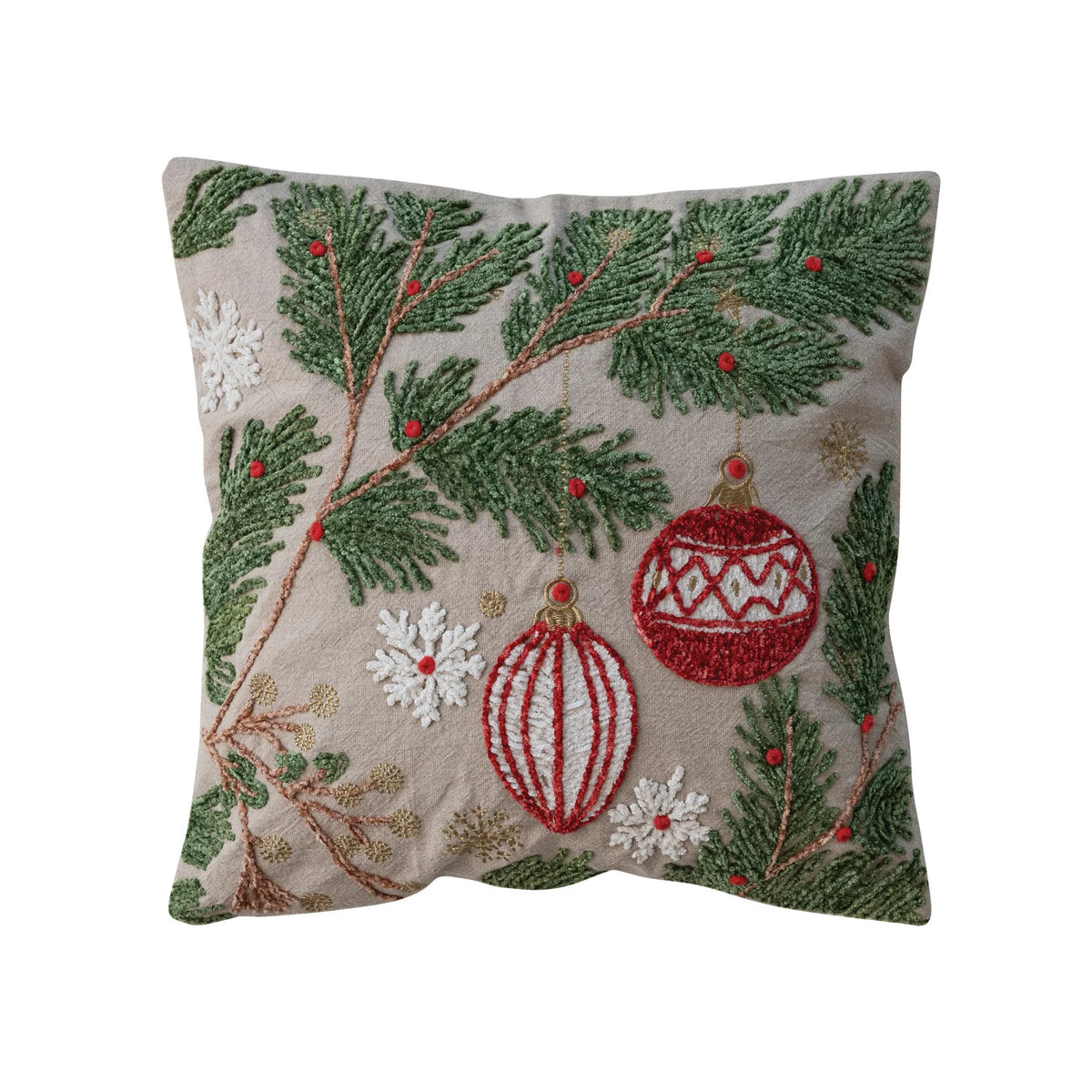 18" Square Cotton Pillow with Embroidered Pine Boughs